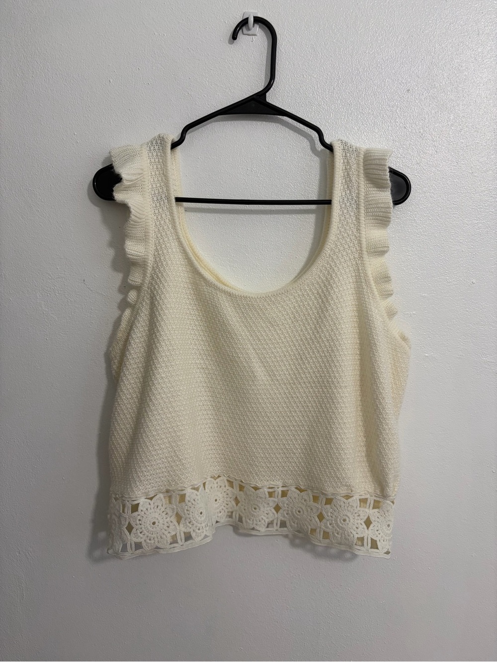 Sleeveless Cream Crochet-Hem Knit Tank Top